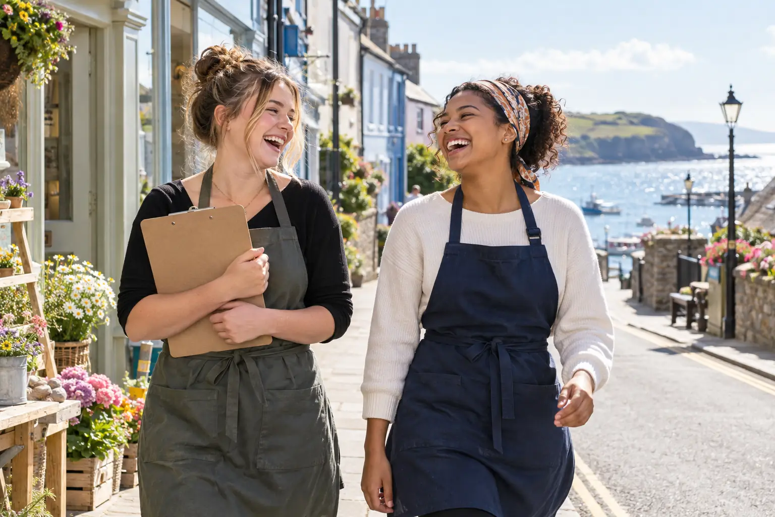 Original editorial photograph of two laughing young women in plain work aprons walking with a blank clipboard in a sunny Welsh coastal town, with no other people