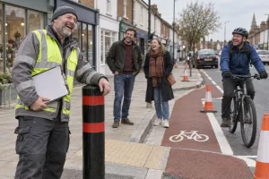 Clearly laughing fictional adult bollard inspector reviews a traffic bollard beside a new cycle lane and dropped kerb, with laughing pedestrians and cyclist behind.
