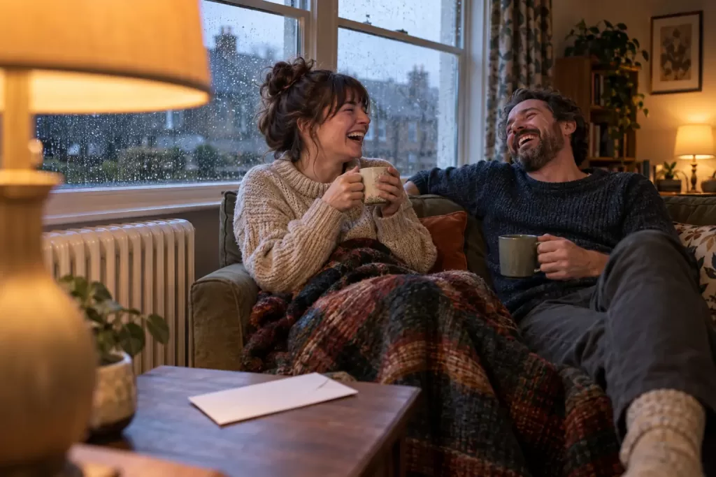 Original editorial photograph of two laughing adults beside a small unlabelled radiator in a rainy living room for Warm Home Discount eligibility