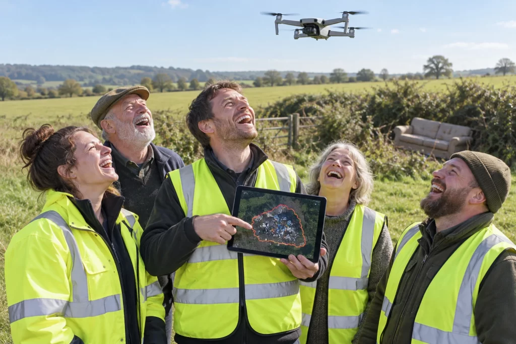 Five fictional adult environmental officers and local residents visibly laughing below a generic drone while one holds a mapped tablet in a rural field.