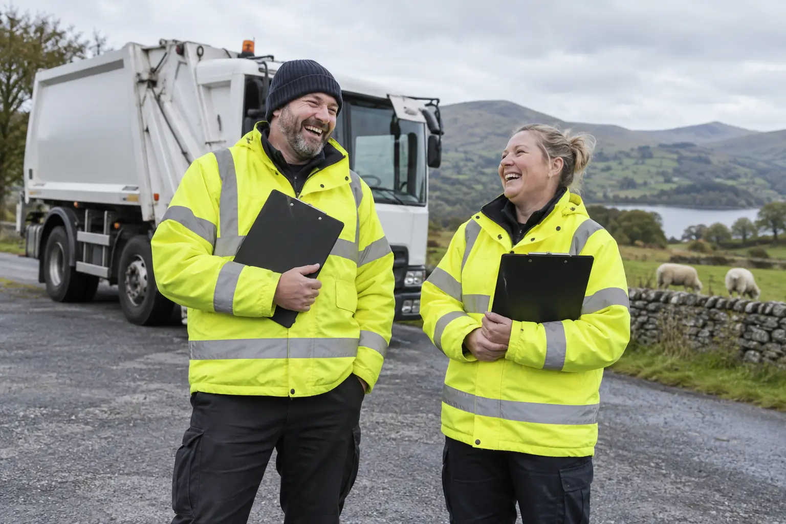 Two laughing environmental enforcement officers with blank clipboards beside a generic waste vehicle