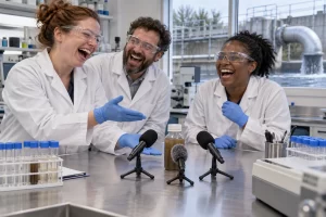 Three fictional laboratory scientists laugh as three microphones point towards a sealed wastewater sample bottle on a laboratory bench.