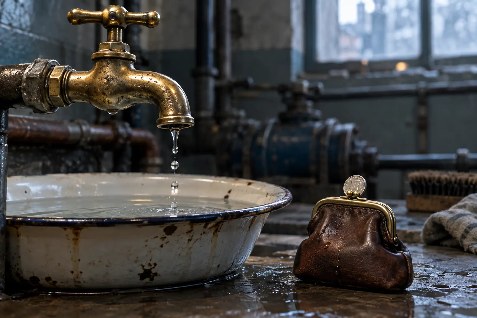 Original editorial photograph of a leaky brass tap beside a coin purse for water company penalties 2026
