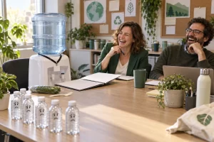 Two laughing fictional sustainability officials beside a water cooler in an exit interview
