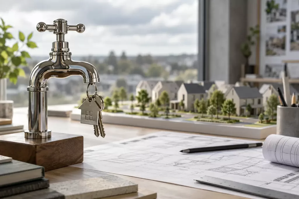 Original editorial photograph of a water tap holding house keys for Water Delivery Taskforce homes 2026