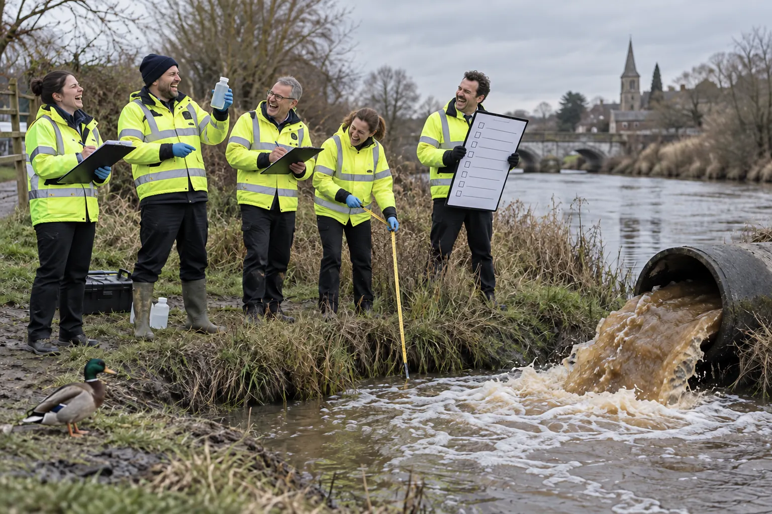 Five laughing water inspectors in high-visibility jackets document a brown outfall pouring into a British river.
