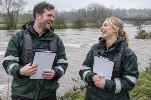 Two laughing field officers beside a full river representing England weather whiplash
