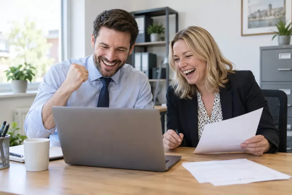 Two laughing office workers at a generic laptop with blank business forms