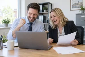 Two laughing office workers at a generic laptop with blank business forms