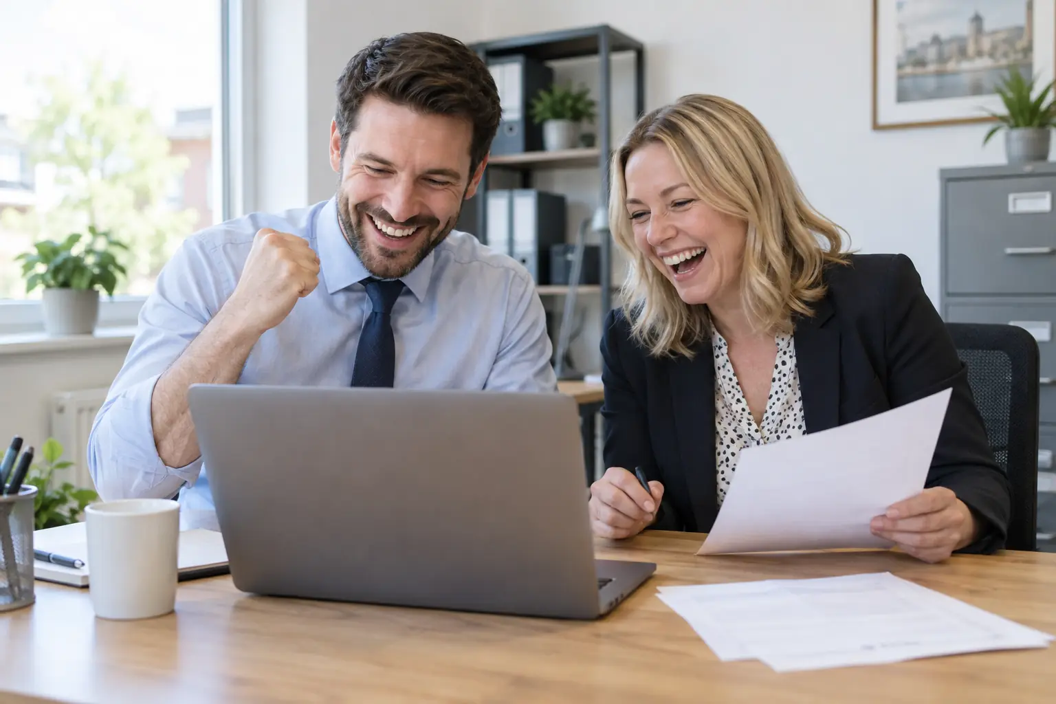 Two laughing office workers at a generic laptop with blank business forms