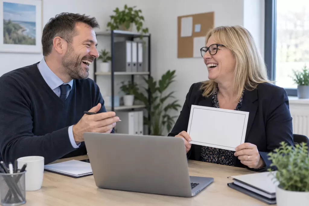 Two laughing employment advisers for welfare reforms employment support