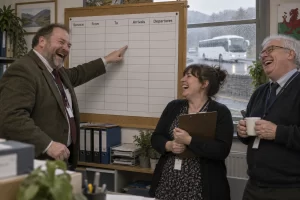 Three fictional adult transport regulators clearly laugh over a large timetable in a Welsh office while a coach passes outside.