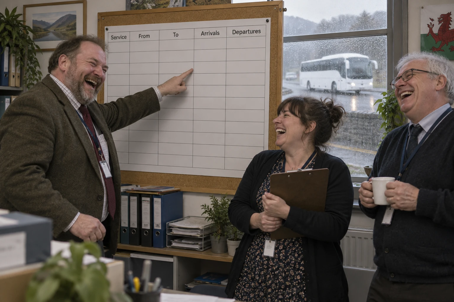 Three fictional adult transport regulators clearly laugh over a large timetable in a Welsh office while a coach passes outside.