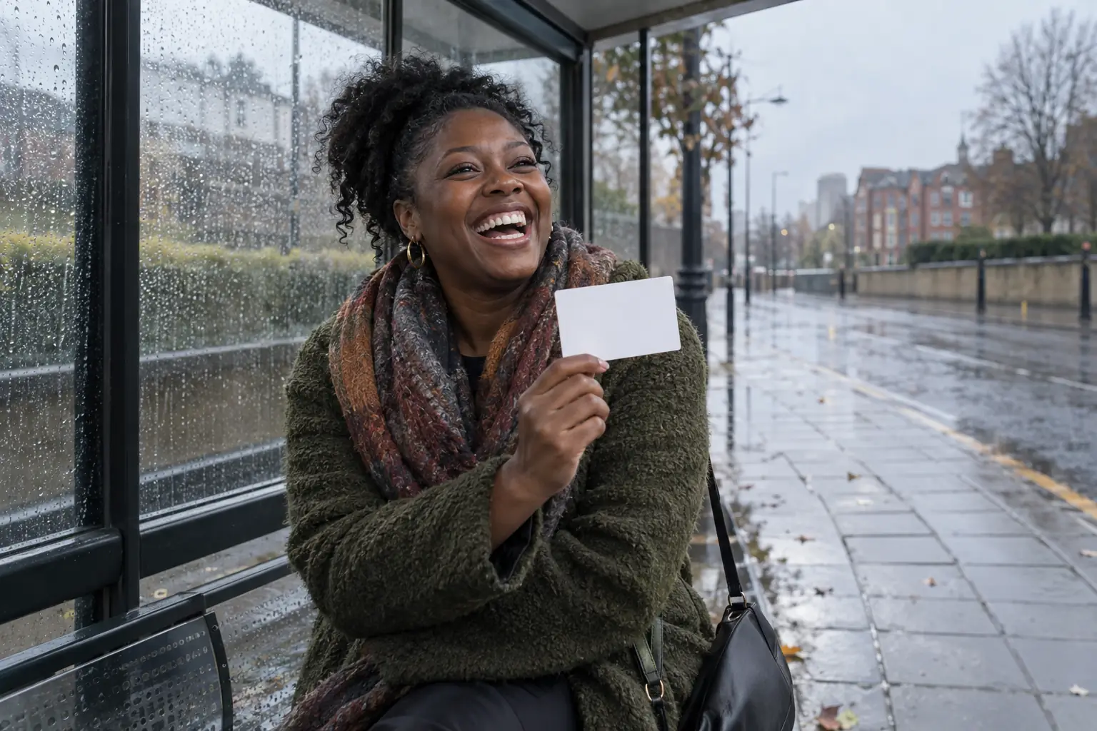 Original editorial photograph of a laughing Black woman alone at a rainy unbranded bus stop holding a blank timetable, with no other people