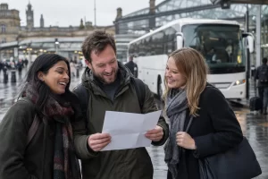 Three adult commuters laugh together over a blank sheet of paper beside an unbranded replacement coach.