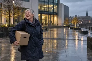 Original editorial photograph of one laughing older woman in a navy raincoat carrying a plain cardboard document box in a rainy civic square, with no other people