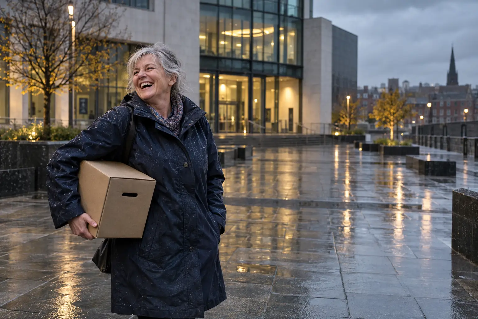 Original editorial photograph of one laughing older woman in a navy raincoat carrying a plain cardboard document box in a rainy civic square, with no other people