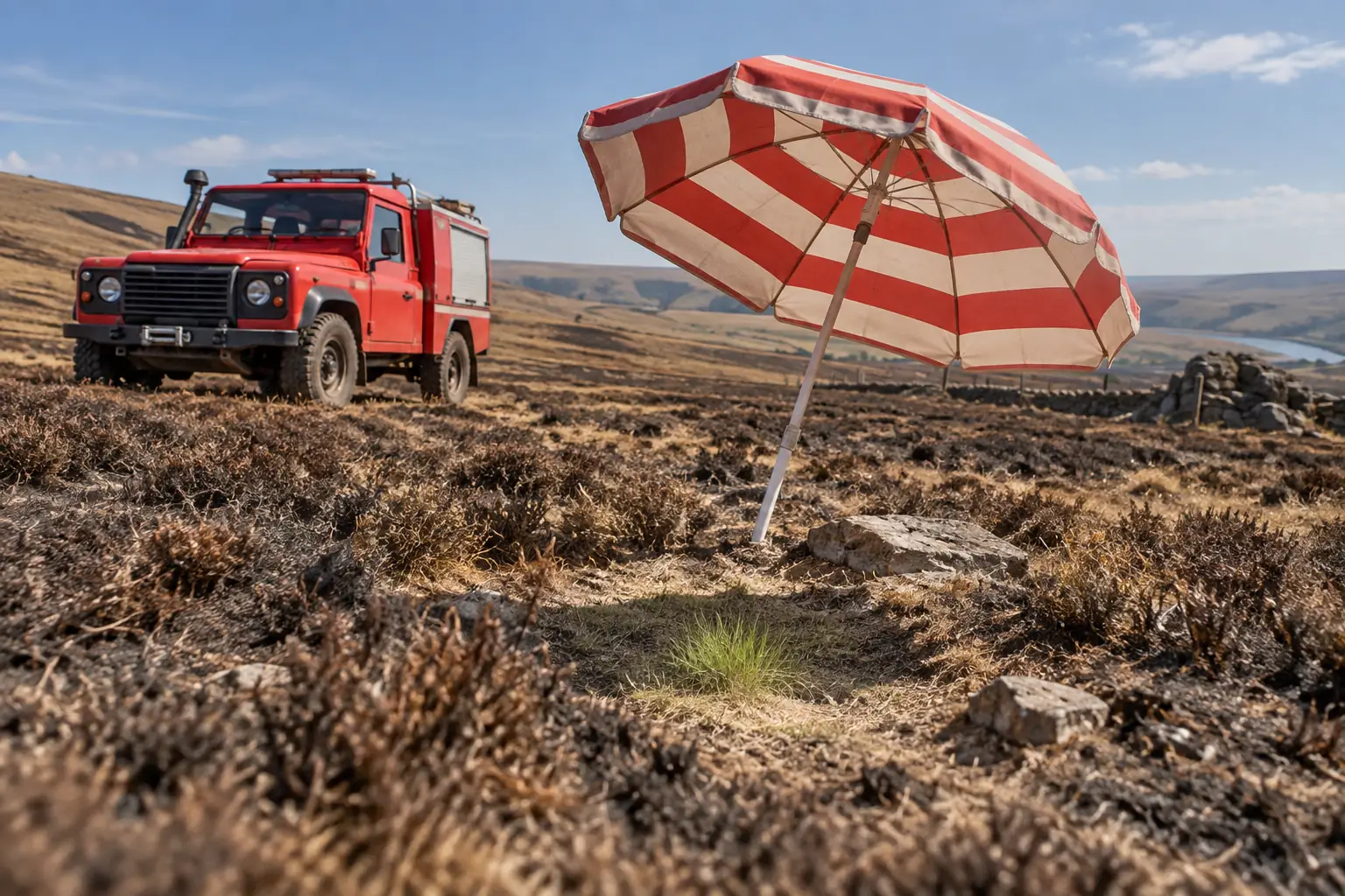 Fire response vehicle and beach umbrella for fictional wildfire resilience summer 2026 editorial photograph