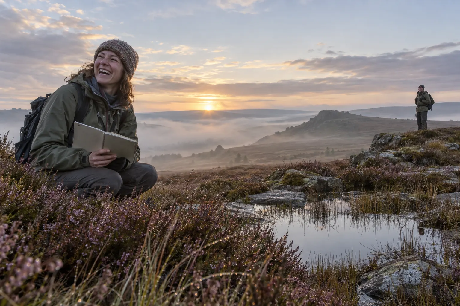 Two laughing landscape ecologists at fictional Wildlife-Rich Habitat Fund 2026 moorland