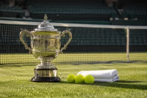 A silver tennis trophy, three tennis balls and folded towels rest beside the net on an empty grass court.