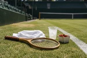 A tennis racket, towel, ice drink and strawberries sit beside an empty grass court in strong sunshine.