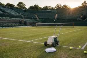 A court line marking machine, folded towel and tennis balls rest on an empty grass court in late afternoon light.