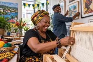 Two laughing artists at fictional Windrush Day community funding 2026 workshop