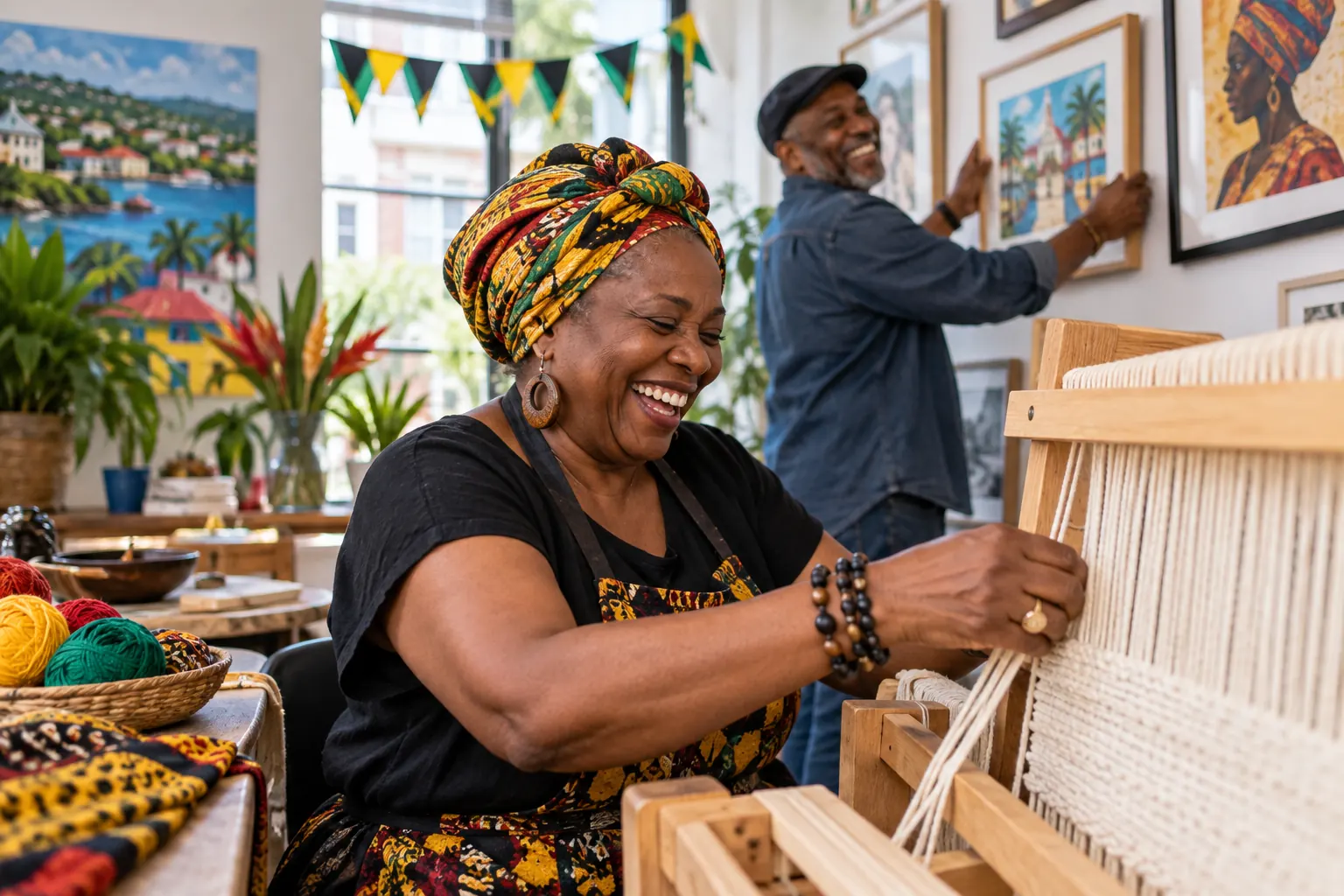 Two laughing artists at fictional Windrush Day community funding 2026 workshop