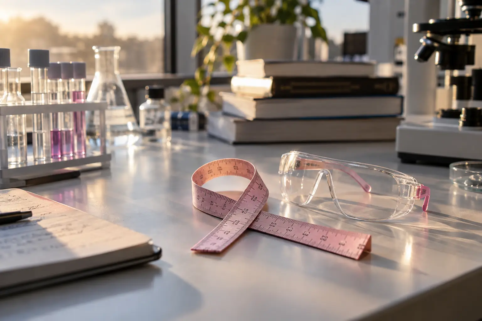 Original editorial photograph of laboratory goggles and a ribbon for Women in Research Charter 2026