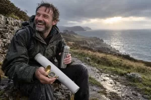 Original editorial photograph of a laughing pension adviser with a compass and thermos for workplace pensions roadmap