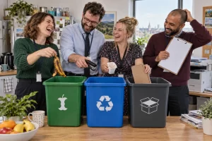 Four fictional adult office workers clearly laugh as they sort a banana, stapler, yoghurt pot and cardboard into separate recycling bins beside a shared fridge.