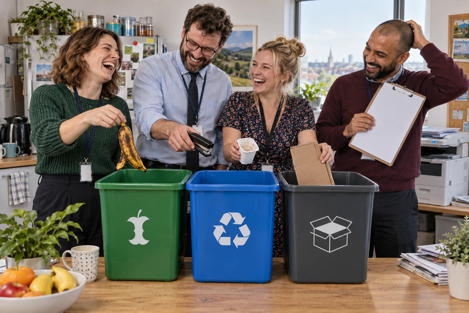 Four fictional adult office workers clearly laugh as they sort a banana, stapler, yoghurt pot and cardboard into separate recycling bins beside a shared fridge.