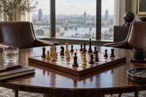 A wooden chessboard sits mid game on a round conference table between two empty leather chairs.