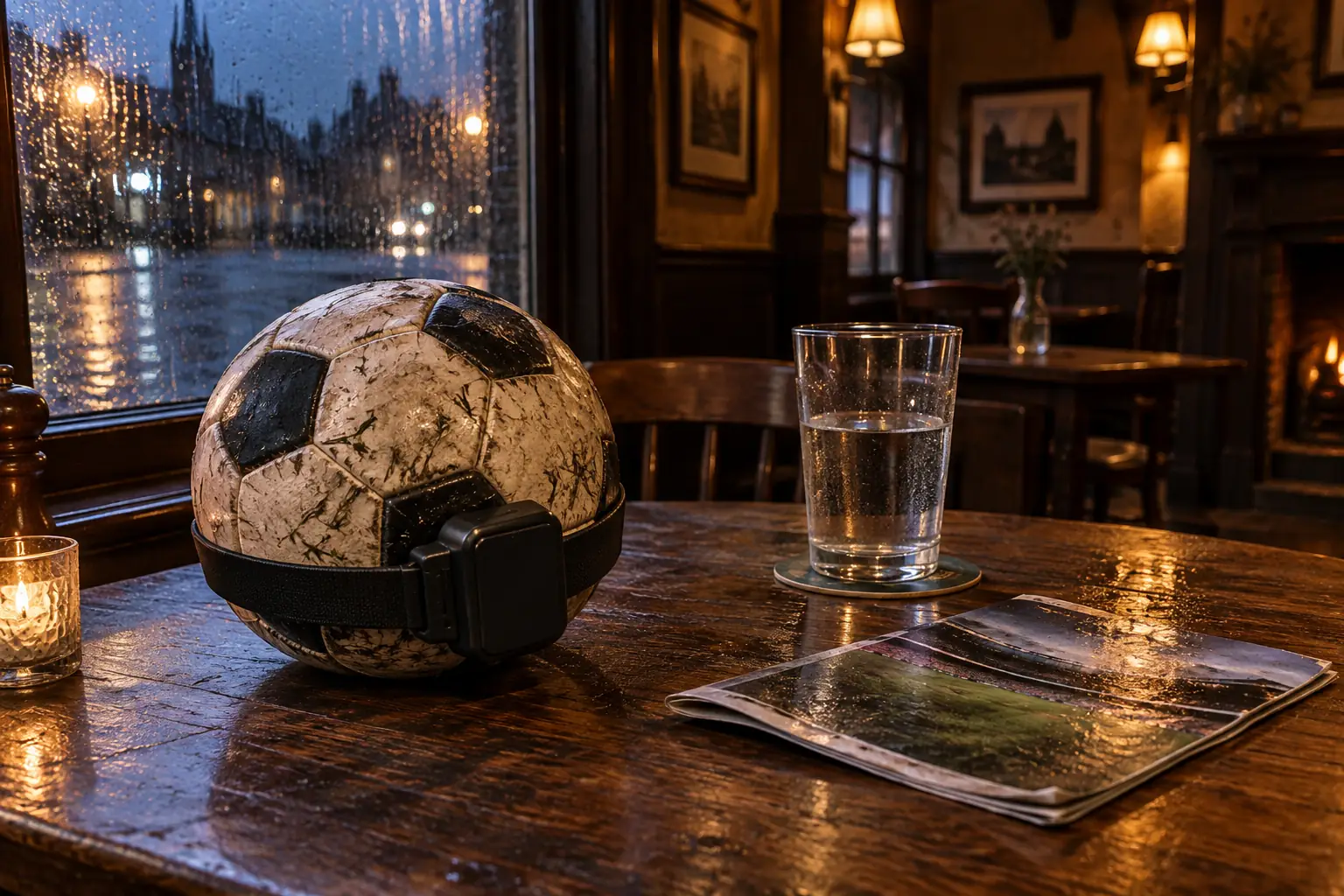 Football wearing an ankle monitor beside a glass of water for fictional World Cup alcohol monitoring tags editorial photograph
