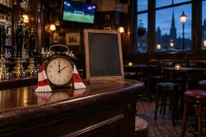 Original editorial photograph of an alarm clock in a football scarf for World Cup pub hours 2026