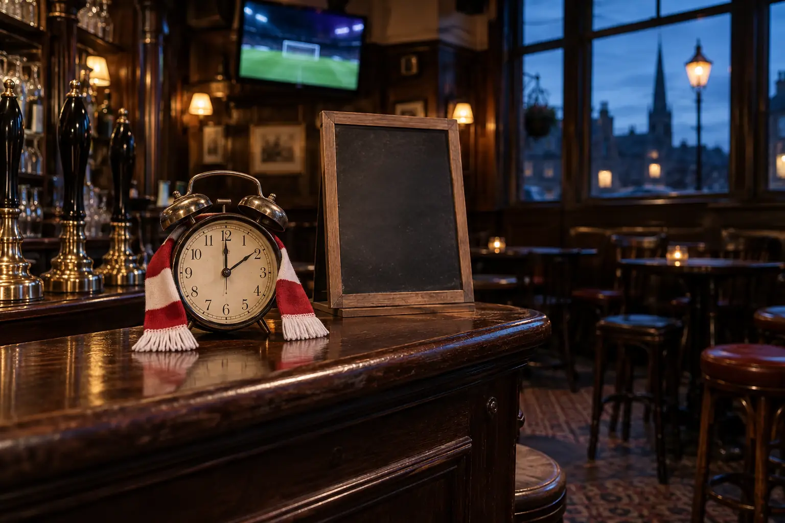 Original editorial photograph of an alarm clock in a football scarf for World Cup pub hours 2026