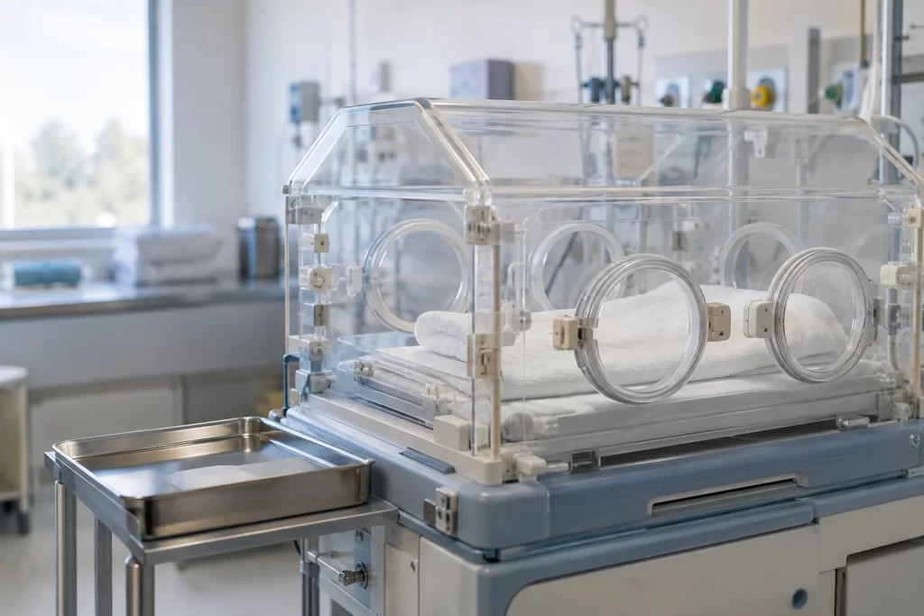 An empty transparent neonatal incubator holds a folded white blanket in a quiet care room.