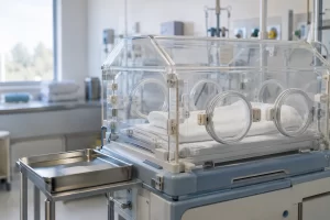 An empty transparent neonatal incubator holds a folded white blanket in a quiet care room.