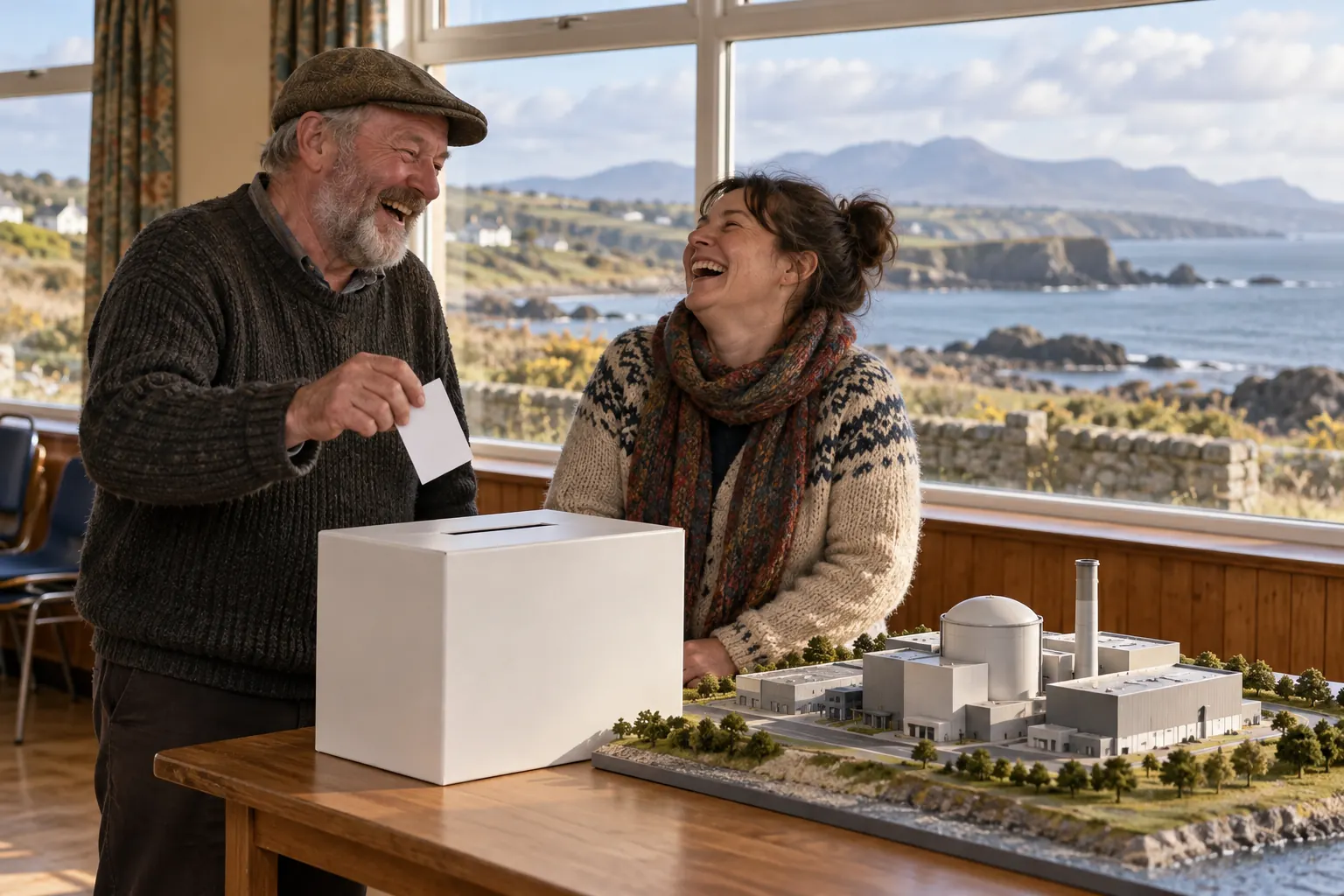 Two laughing residents at fictional Wylfa SMR naming competition 2026 community hall