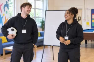 Two laughing youth-service workers for Young Futures Hubs first wave