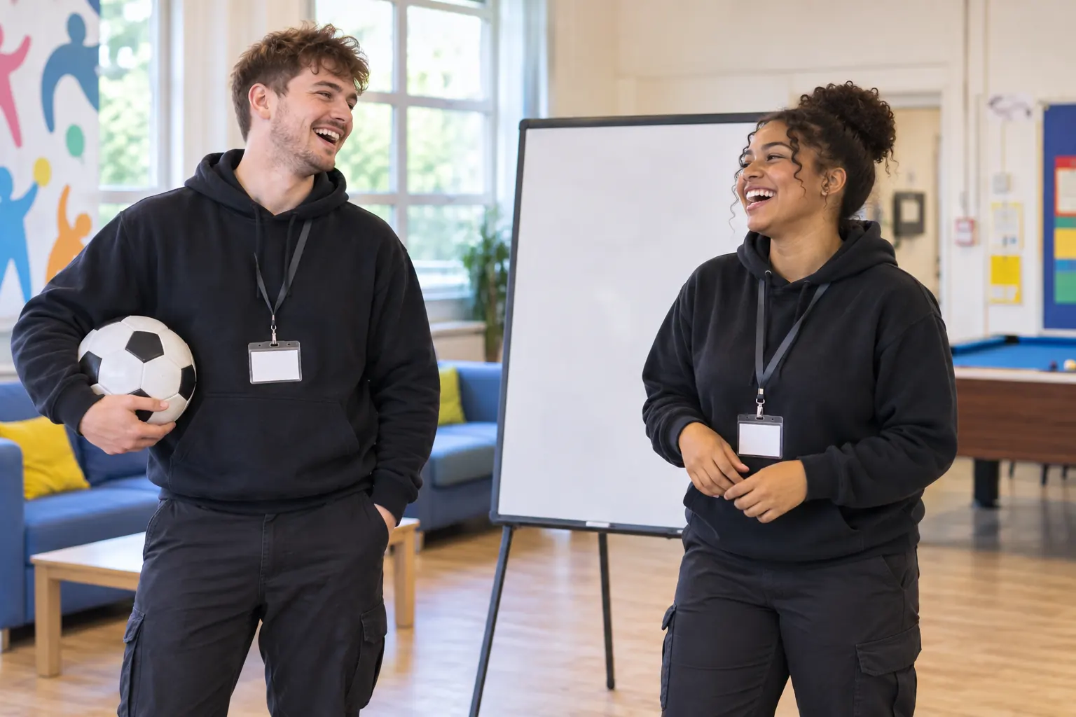 Two laughing youth-service workers for Young Futures Hubs first wave