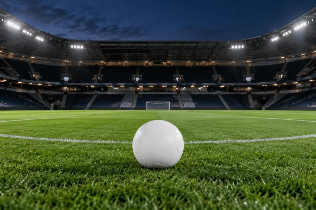 A plain white football rests on an empty floodlit English stadium pitch before a cup final.