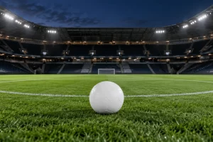A plain white football rests on an empty floodlit English stadium pitch before a cup final.