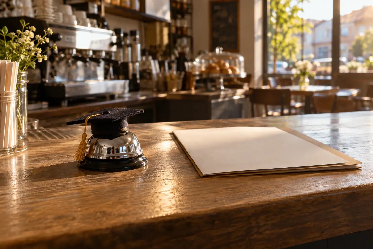 Original editorial photograph of a café bell in a graduation cap for Youth Jobs Grant 2026
