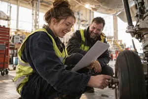 Two laughing adults in a fictional youth work experience training placements 2026 maintenance workshop