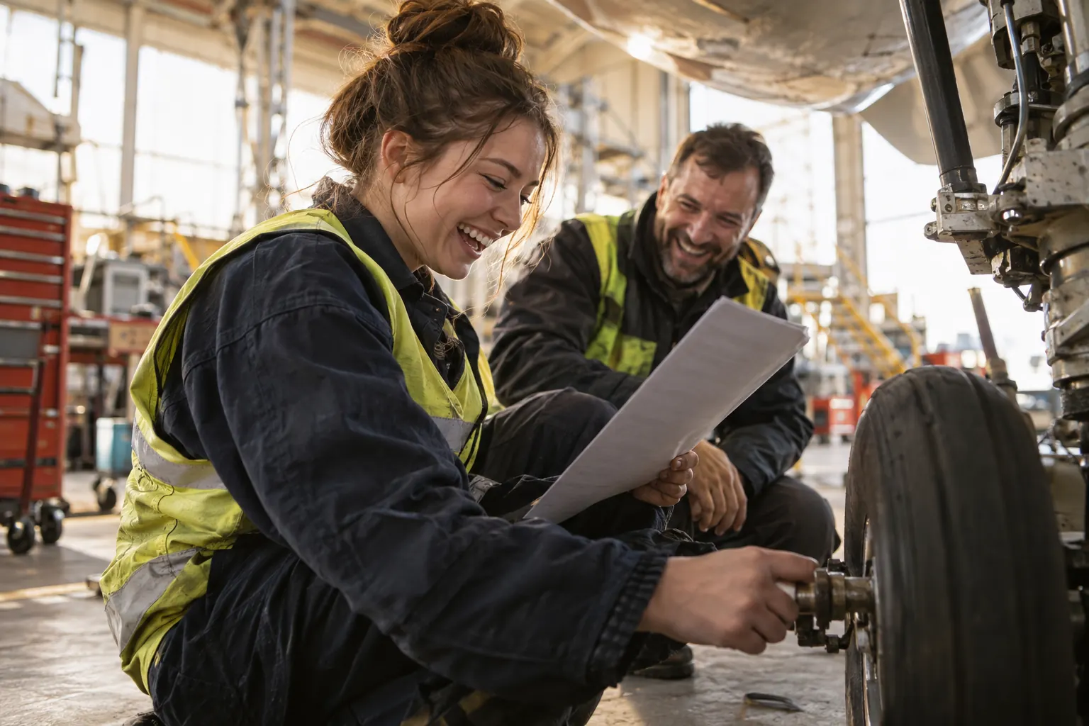 Two laughing adults in a fictional youth work experience training placements 2026 maintenance workshop