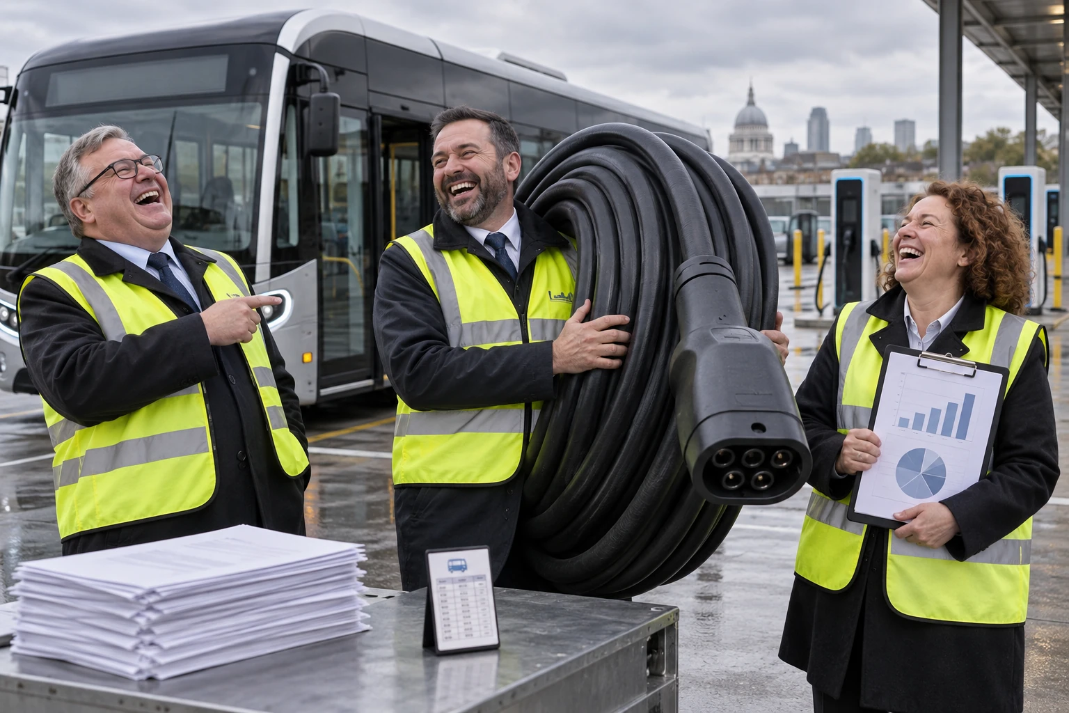 Three laughing fictional transport officials stand beside a sleek electric city bus and an absurdly oversized charging cable at a depot.
