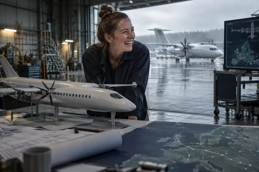 Original editorial photograph of a laughing aviation engineer beside a hydrogen aircraft model for zero emission flight projects