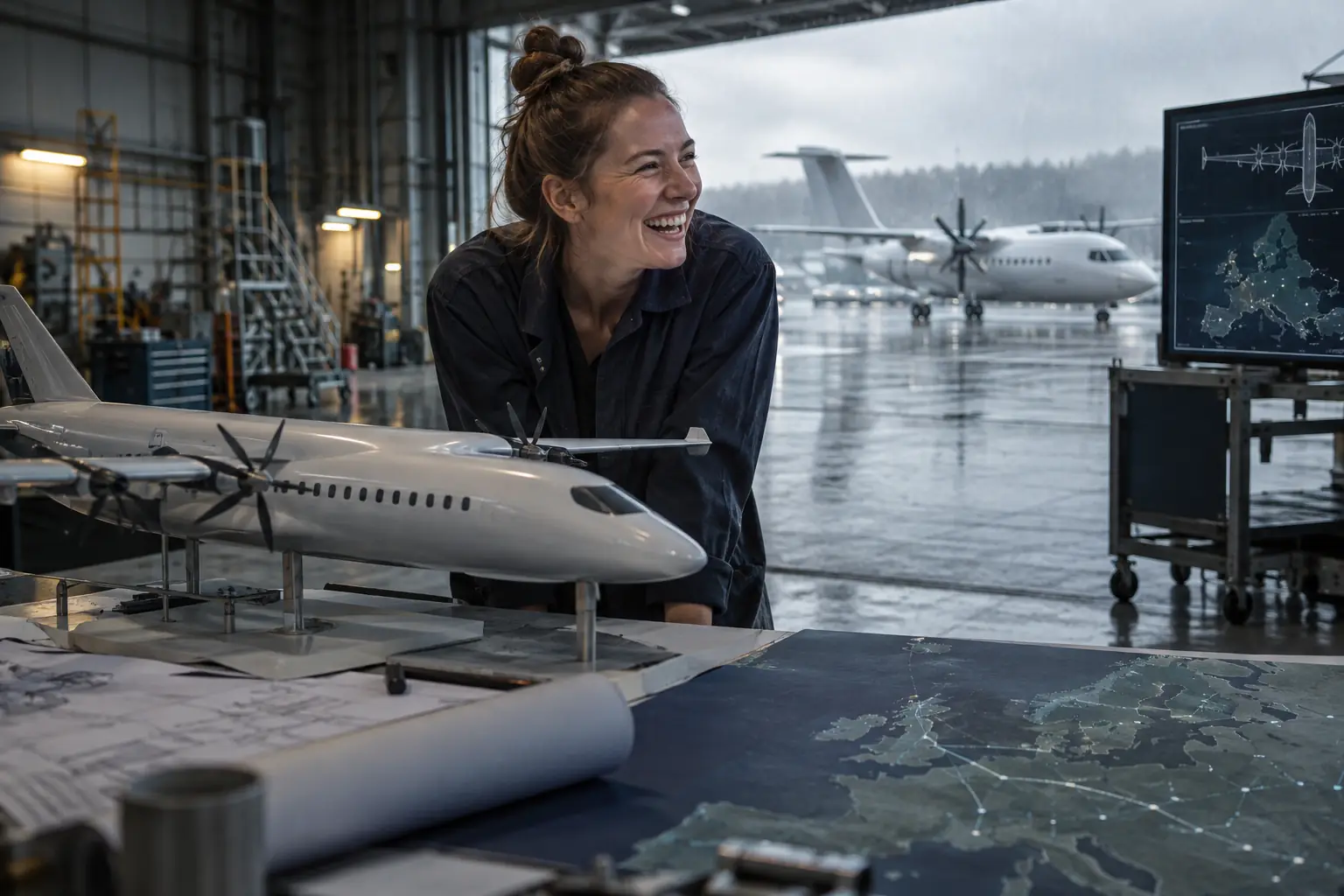 Original editorial photograph of a laughing aviation engineer beside a hydrogen aircraft model for zero emission flight projects